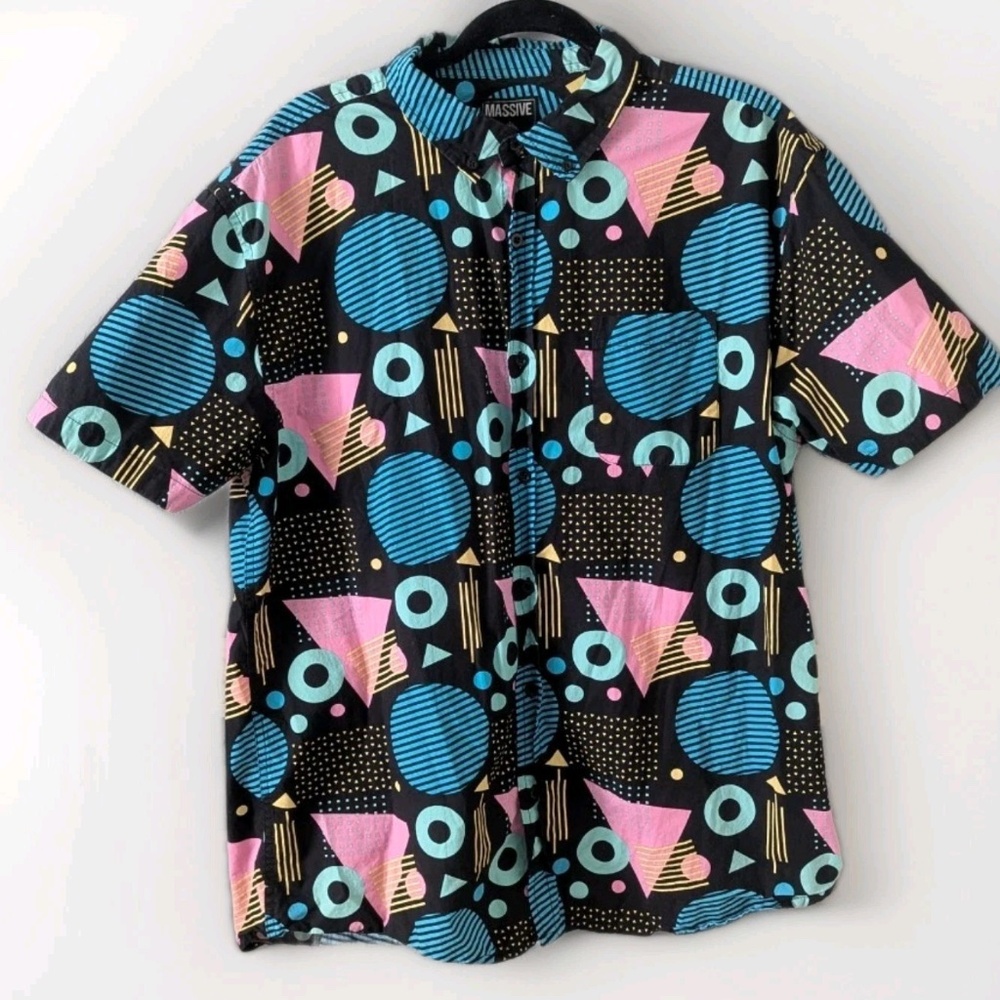 Massive 100% Cotton Button Up Men's Geometric 80's Style Short Sleeve XL EUC